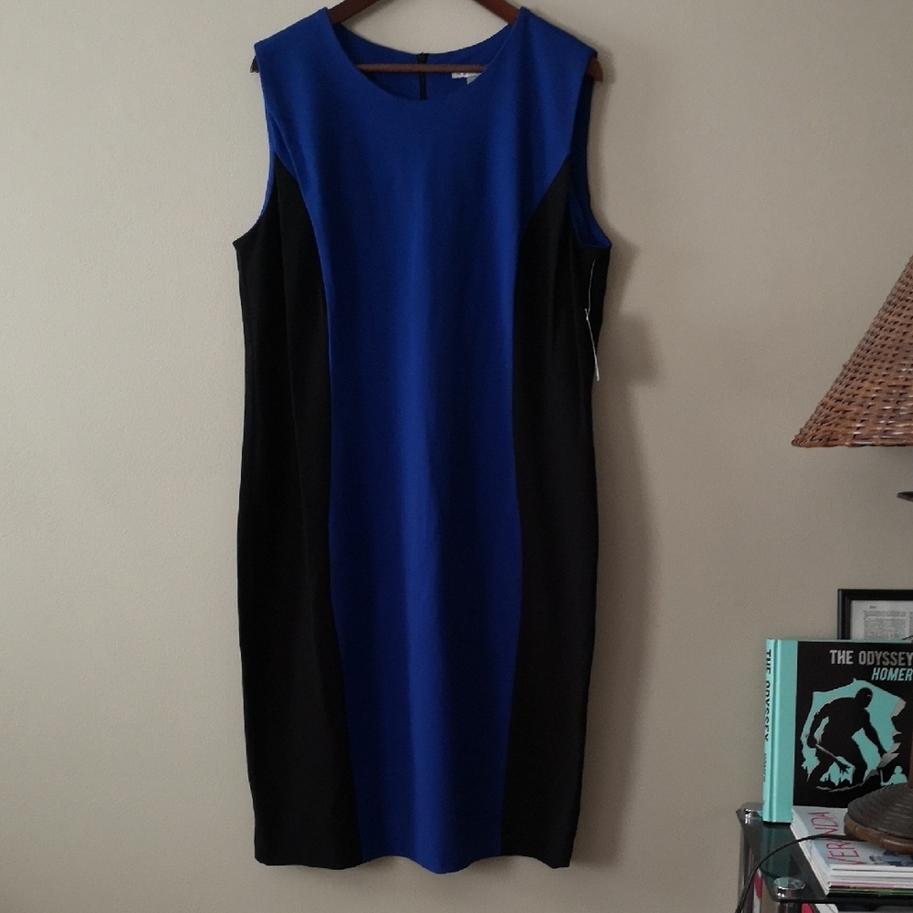TanJay Blue & Black Sheath Dress Sleeveless Crew Neck Zipper Closure NEW Size 14